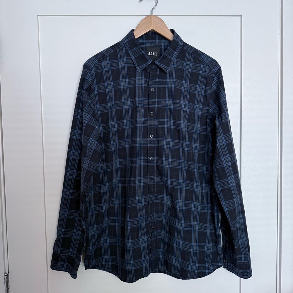 511 Tactical Shirt Mens Size M Blue Plaid Long Sleeve Snap Button Pocket Casual